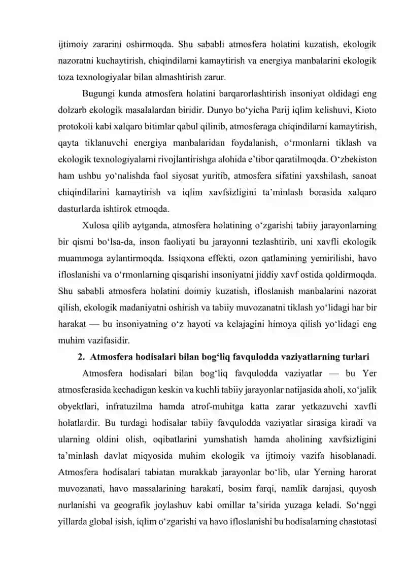 ATMOSFERA HOLATI O‘ZGARISHI BILAN BOG‘LIQ FAVQULODDA VAZIYATLARNI OLDINI OLISH 4