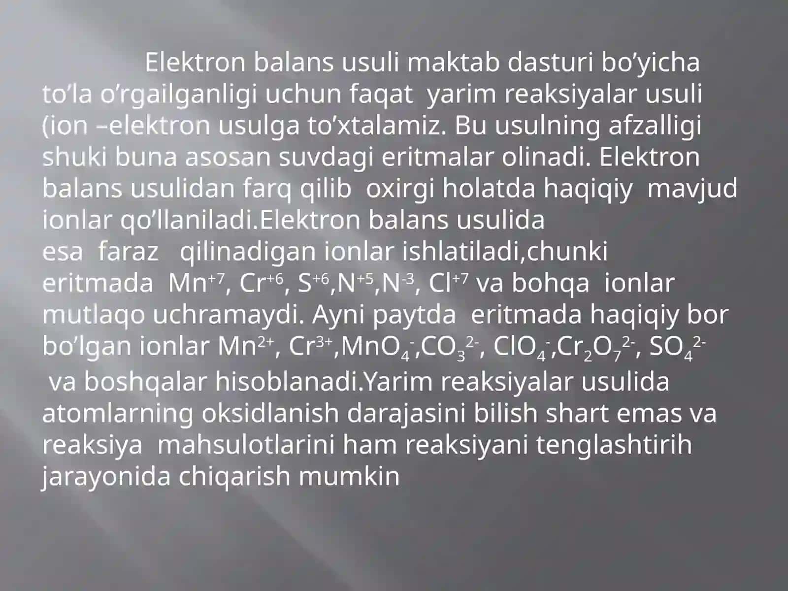 Murakkab oksidlanish-qaytarilish reaksiyalarini yarim reaksiyalar usuli bilan tenglashtirish 4
