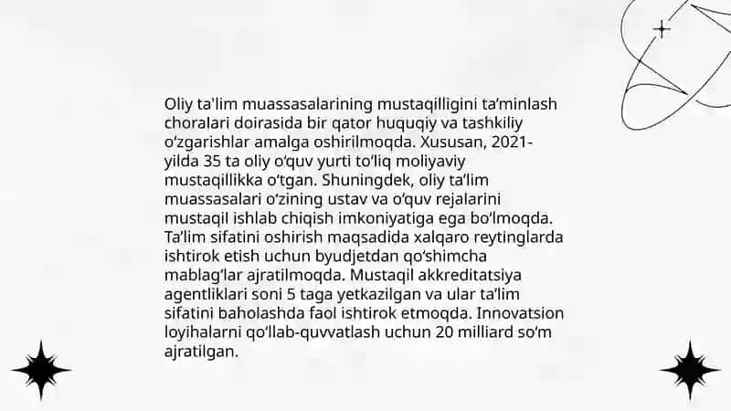 Oliy ta'lim tizimini yanada rivojlantirish chora tadbirlari to'g'risidagi 2909 qonuni tahlil qilish 4