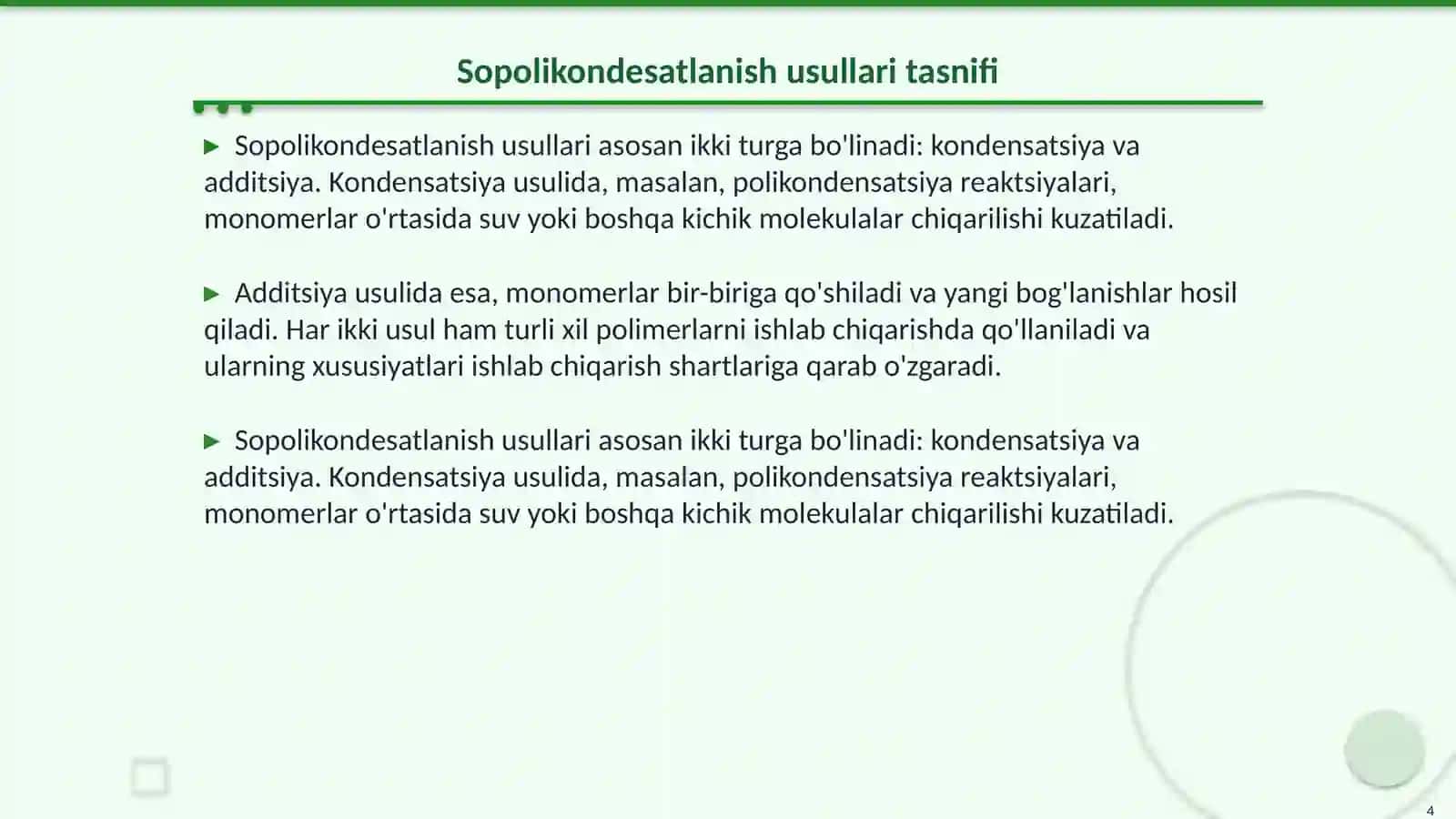 Sopolikondesatlanish reaktsiyalari;usullar, mexanizmlari, va sopolkondensatlanishda katalizotorlarning roli 4