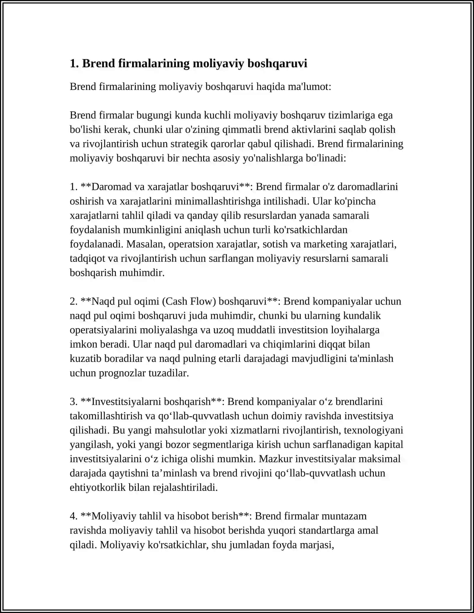 BREND FIRMALARNING MOLIYAVIY IQTISODIY RIVOJLANISH AHVOLI BO'YICHA MUSTAQIL ISH 4