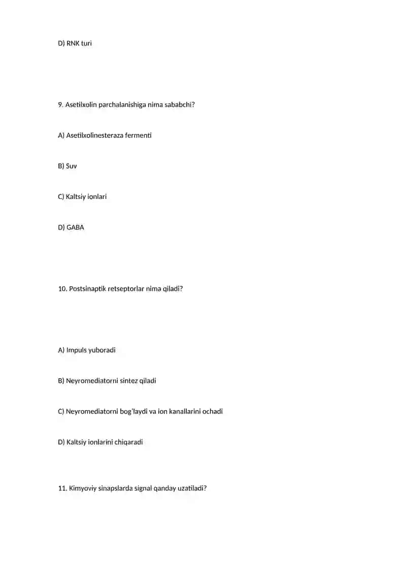 Sinapslar fiziologiyasi – Test savollari 4