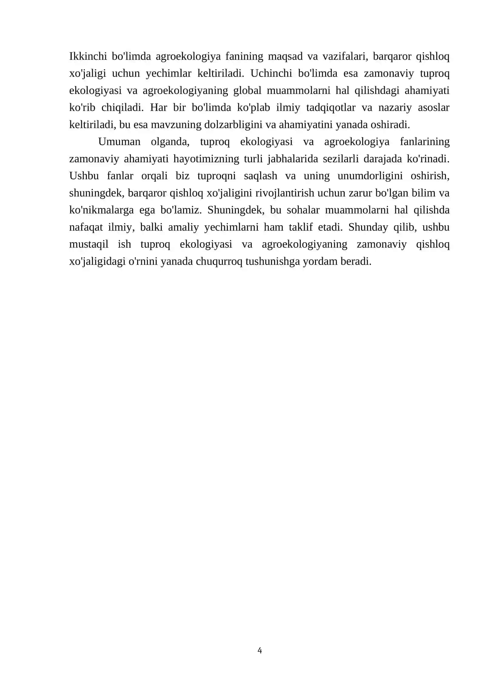 Tuproq ekologiyasi va agroekologiya fanining maqsadi, vazifalari va zamonaviy ahamiyati 4