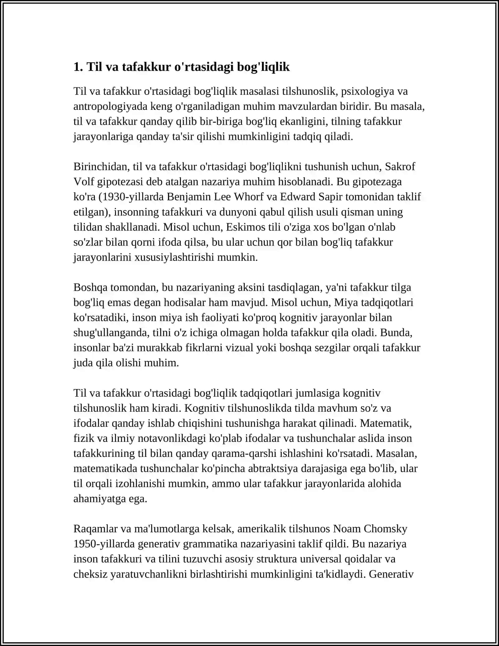 TIL VA TAFAKKUR. TIL VA TAFAKKUR MUNOSABATI. TIL VA TAFAKKUR LINGVISTIK MUAMMO SIFATIDA. TIL TAFAKKUR QUROLI VA VOSITASI. PSIXOLINGVISTIKA 4
