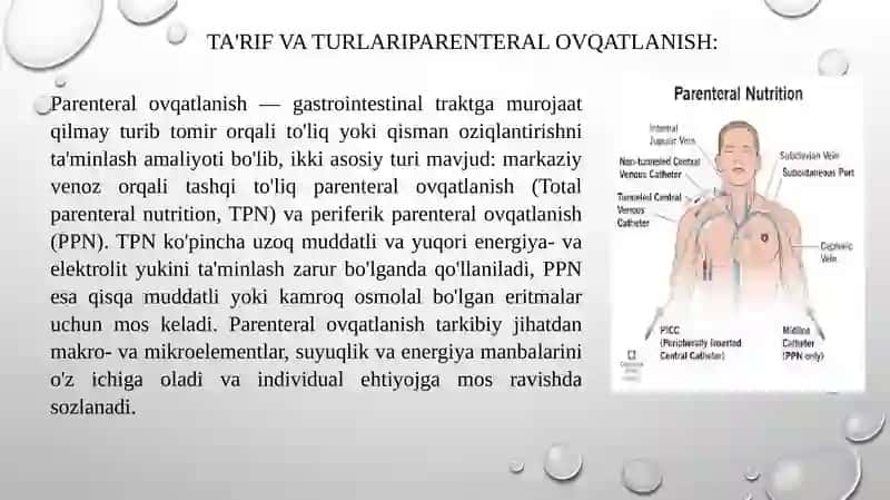 Parenteral ovqatlanish va uning klinik ahamiyati. O’tkir pankreatit kelib chiqishi va davolashning biokimyoviy asoslari 4