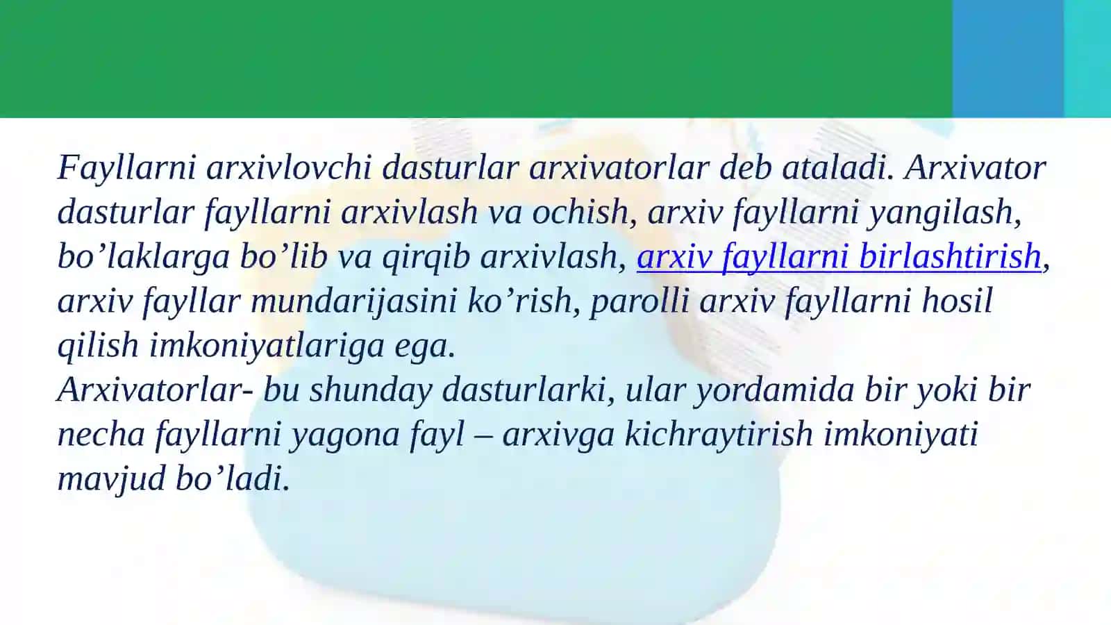 Arxivlash dasturlari. Fayllarni arxivlash va arxiv fayllarni ochish 4