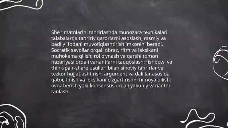 Badiy asar matnini tahrirlash sher hikoya matnlarini tahrir qilishda munozarali dars metodlaridan foydalanish 4