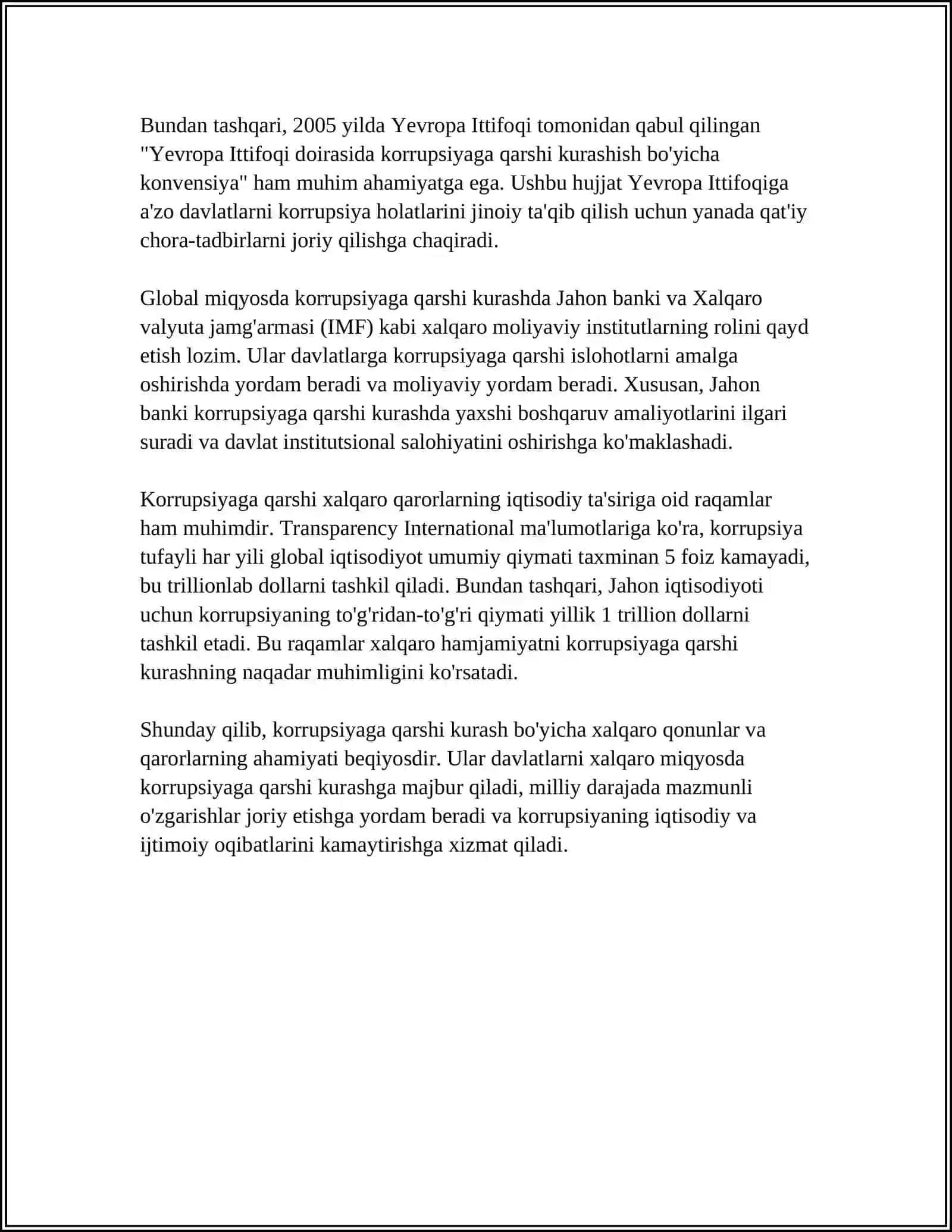 KORRUPSIYAGA QARSHI KURASH BO'YICHA XALQARO QONUNLAR VA QARORLARNING O’ZBEKISTONDA RATIFIKATSIYA QILISHNING AHAMIYATI, IQTISODIY-SIYOSIY VA IJTIMOIY-HUQUQIY MEXANIZMLARI 4