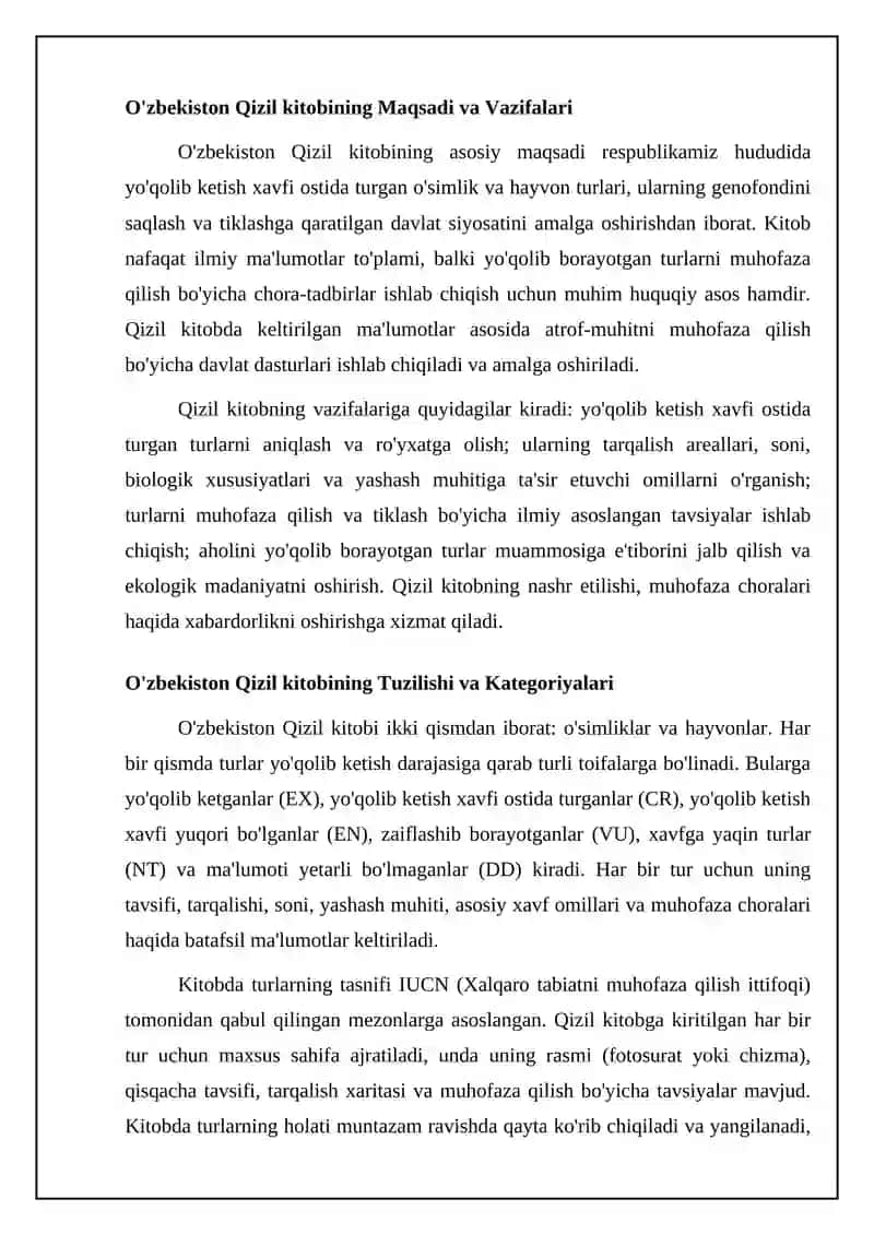 O'zbekiston Respublikasi "Qizil kitobi" va uning atrof-muhitni muhofaza qilishdagi o'rni 4