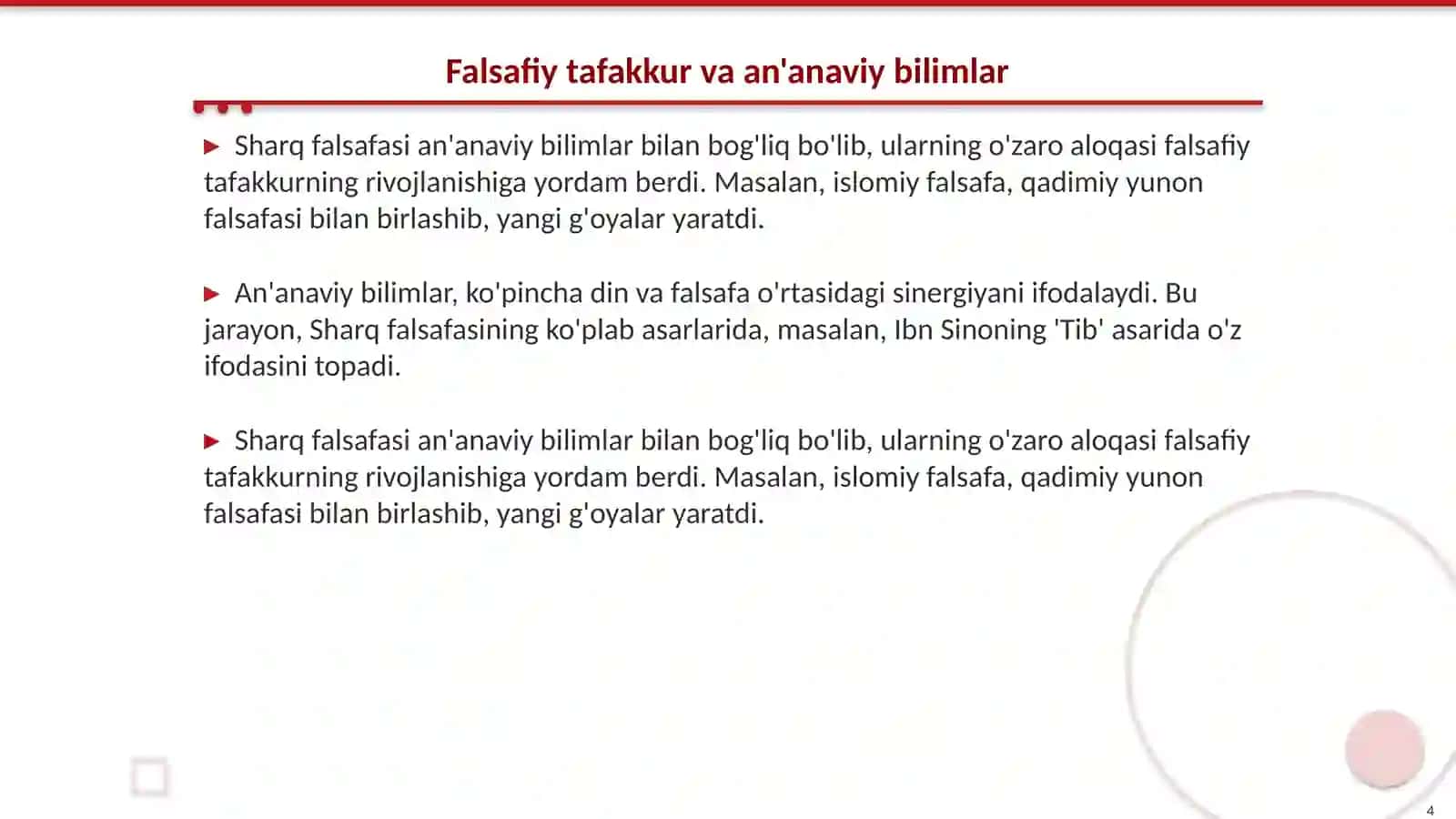 Falsafiy tafakkur taraqqiyot;Sharq falsafasi 4