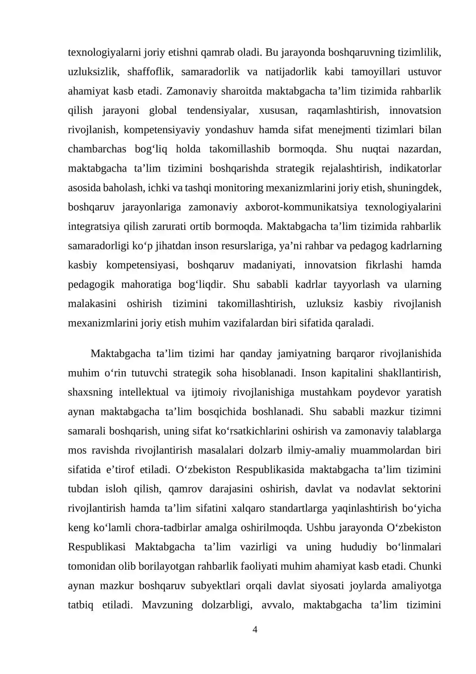 Oʻzbekiston Respublikasi maktabgacha taʼlim vazirligi va maktabgacha taʼlim boʻlimlari tomonidan maktabgacha taʼlimda rahbarlik 4