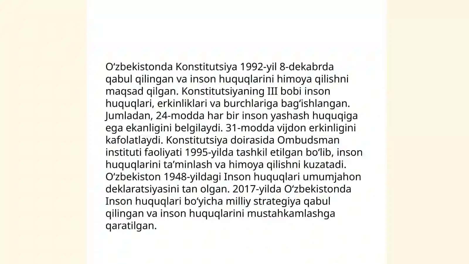 Yangi Oʻzbekistonda inson haq-huquqlari va erkinliklari kafolatining yaratilishi 4
