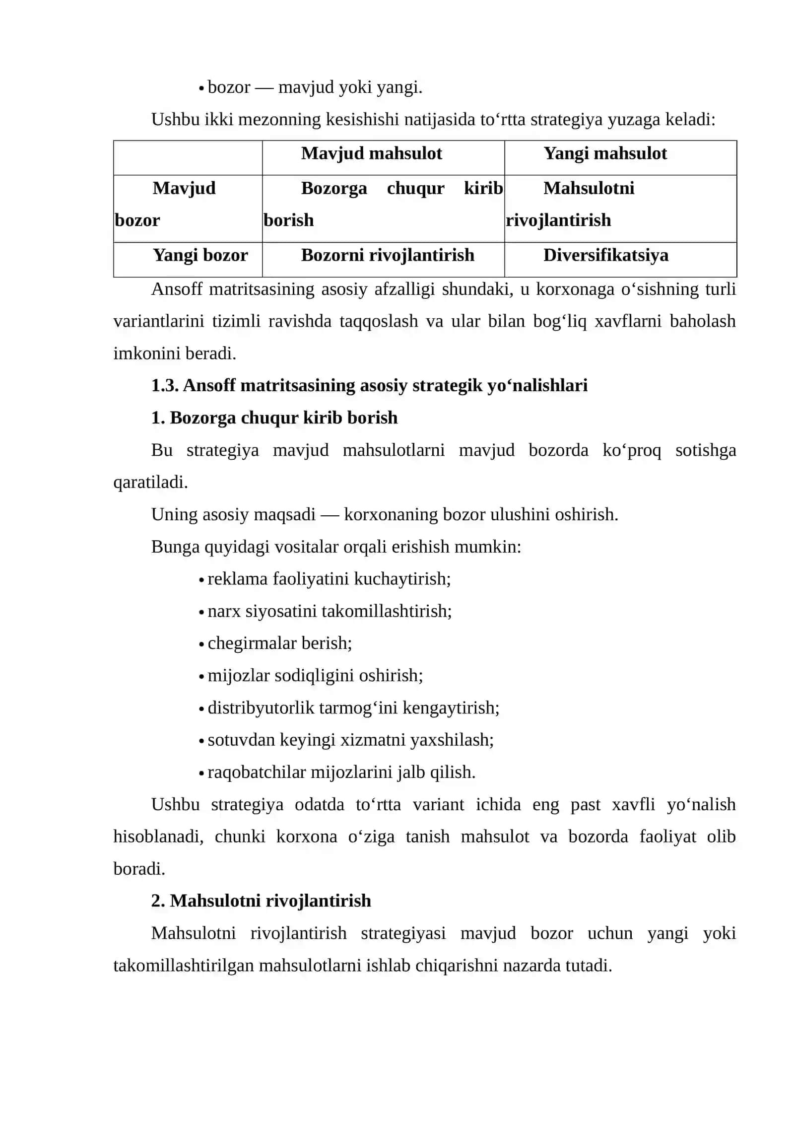 TANLANGAN KORXONANING O‘SISH STRATEGIYASINI ANSOFF MATRITSASI ASOSIDA ISHLAB CHIQISH 4