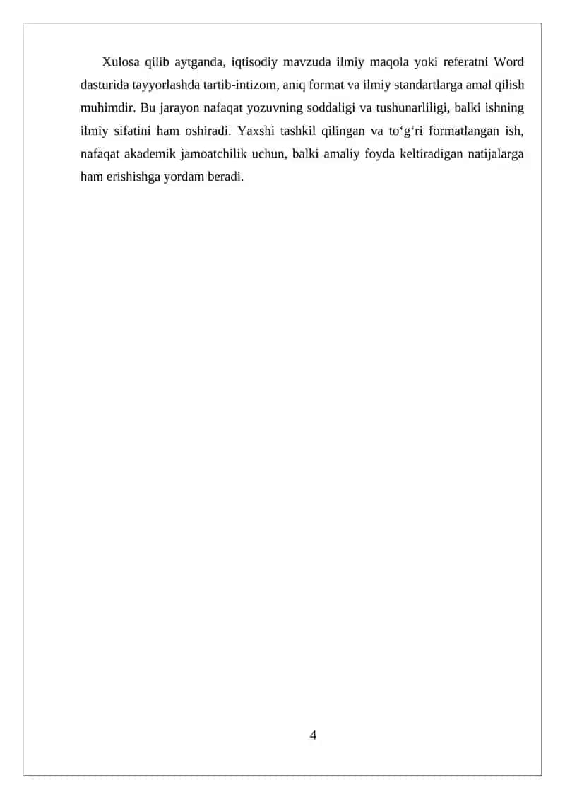 IQTISODIY MAVZUDA ILMIY MAQOLA YOKI REFERATNI WORD ORQALI TAYYORLASH QOIDALARI 4