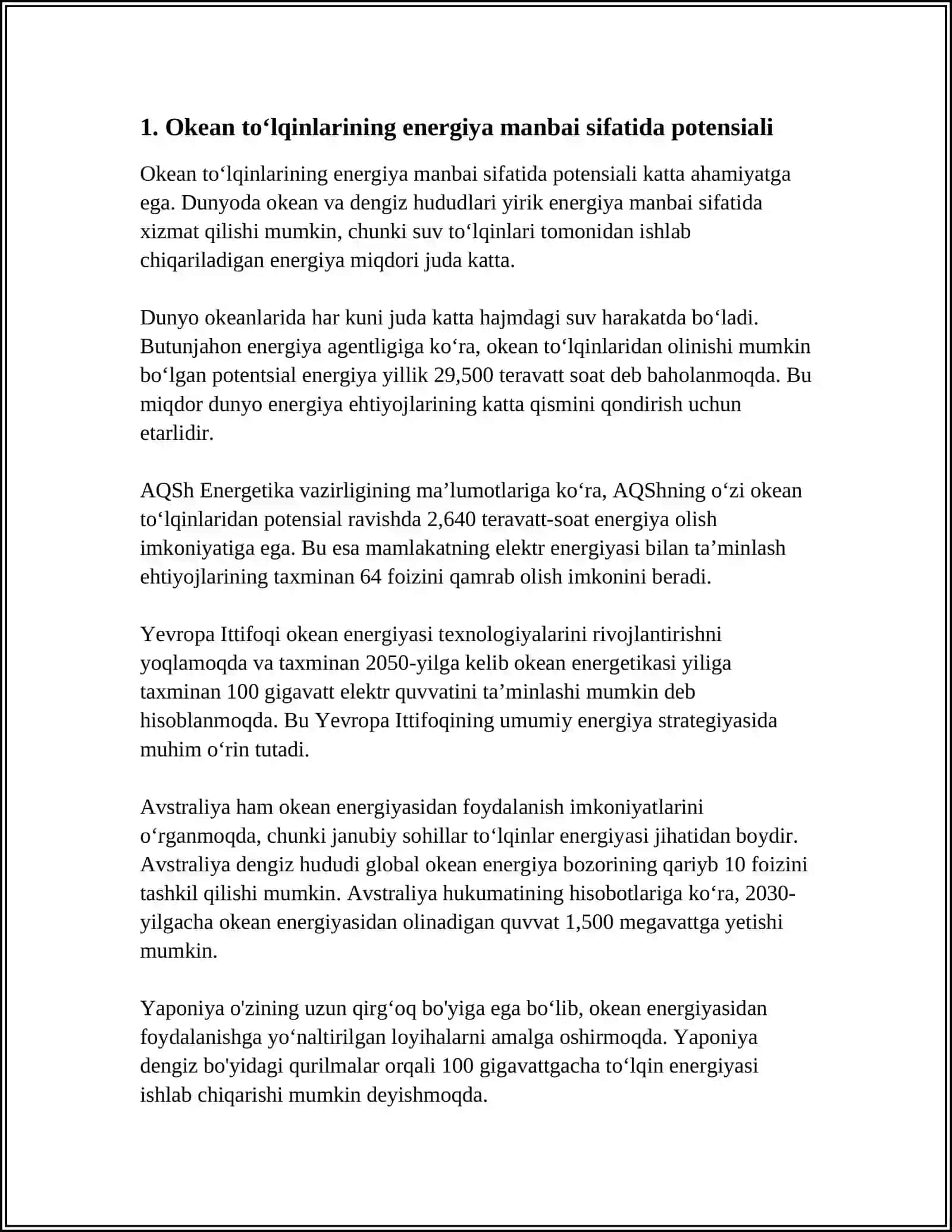OKEAN TOʻLQIN ENERGIYASIDAN FOYDALANISH BOʻYICHA ZAMONAVIY TATQIQOTLAR 4
