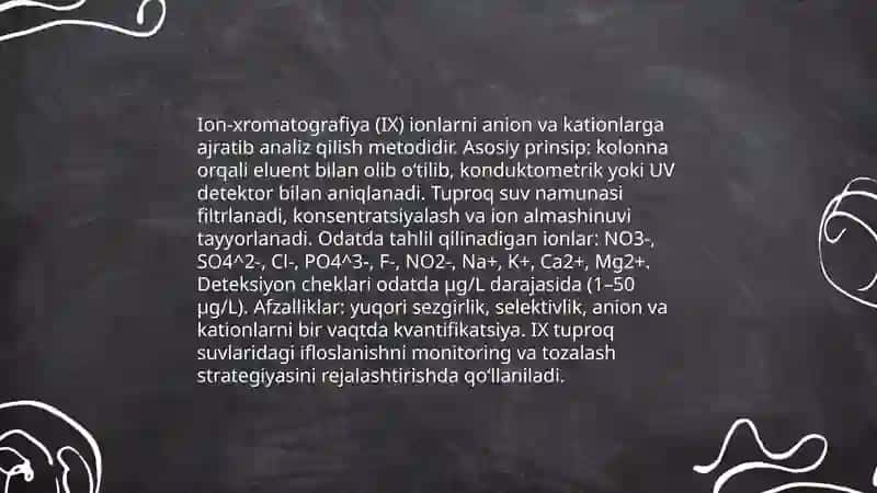 Tuproq suvining ifloslanishida ion bogʻlanishli birikmalarni aniqlash 4