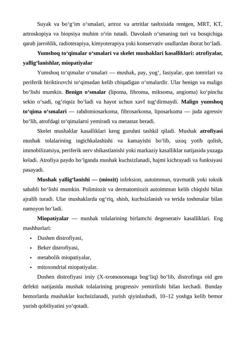 Suyak va bo‘g‘im o‘smalari, artroz va artritlar, yumshoq to‘qima o‘smalari, skelet mushaklari kasalliklari va periferik nerv o‘smalari 4