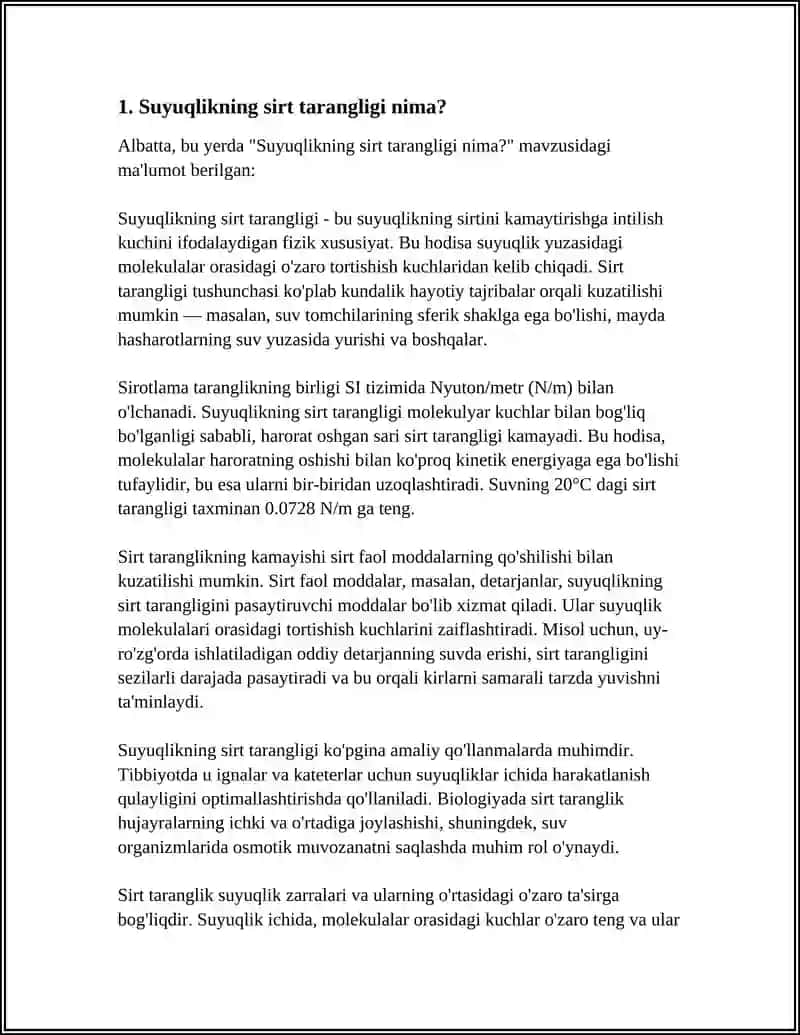 SUYUQLIKNI SIRT TARANGLIGI. SIRT TARANGLIK KUCHI VA ISHI, UNING KOAFFITSENTI. SIRT TARANGLIGINI TIBBIYOTDAGI AHAMIYATI 4