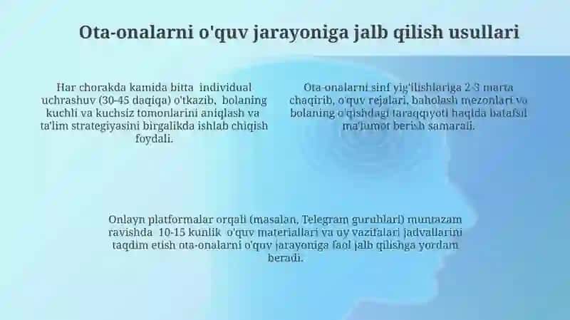 O'qituvchilar O'quvchilarning ota-onalari bilan olib boradigan ishlari, shakl va metodlari 4