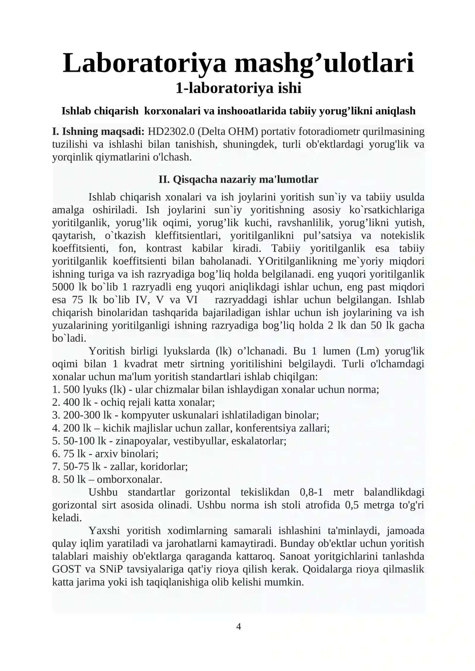 HAYOT FAOLIYATI XAVFSIZLIGI FANIDAN LABORATORIYA MASHG`ULOTLARINI BAJARISH UCHUN USLUBIY KO`RSATMA 4