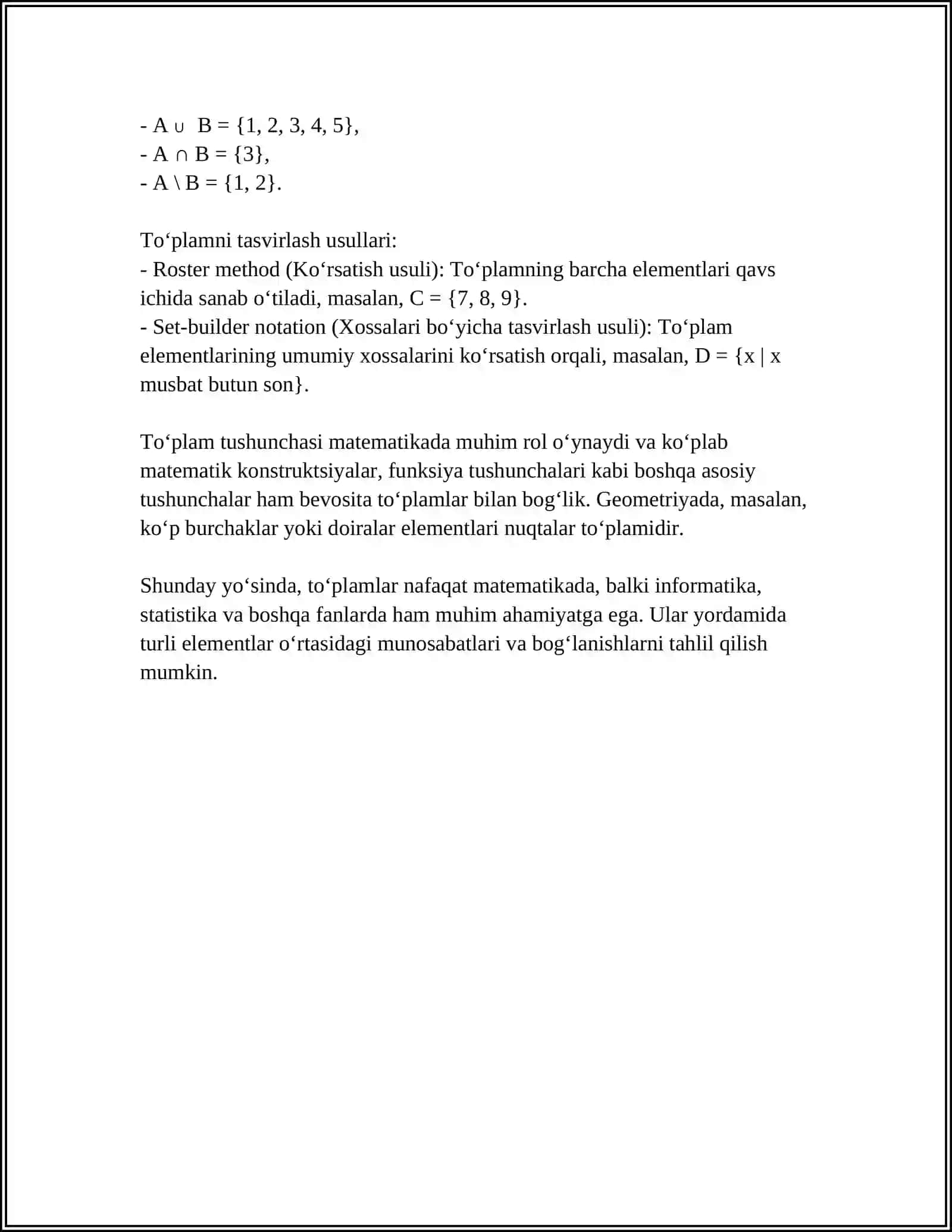 MUSTAQIL ISH Mavzu: TÕPLAMLAR TUSHUNCHASI 4