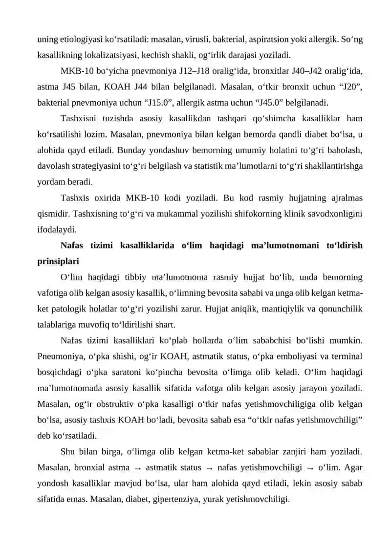 Nafas tizimi a’zolari kasalliklari bo‘yicha diagnozlar tuzish va o‘lim haqidagi ma’lumotnomani to‘ldirish 4
