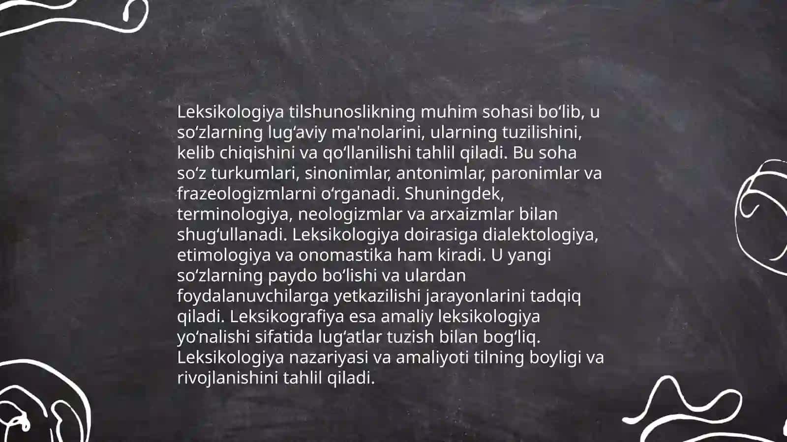 Leksikologiya,uning predmeti turlari, vazifalari.Ona tili lugʻat tarkibining ma'no jihatdan tavsiflanishi 4