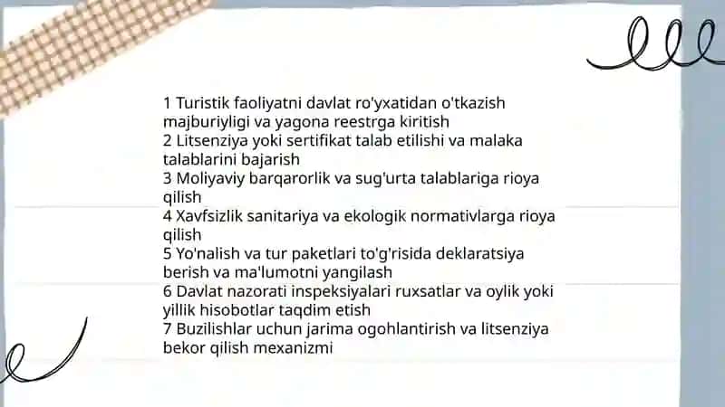 Turizm sohasidagi faoliyatni amalga oshirish shartlari 4