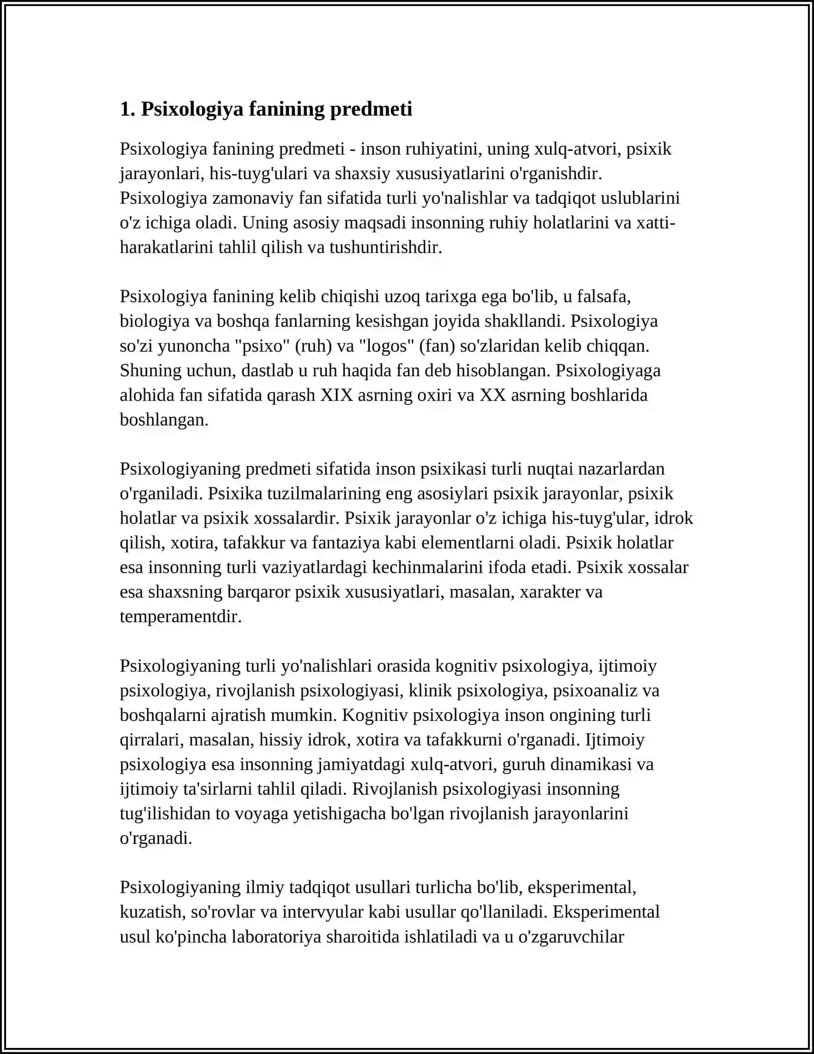 PSIXOLOGIYA FANINING PREDMETI RIVOJLANISH TARIXI SOHALARI TADQIQOT METODLARI. PSIXIKA VA ONG. SEZGI IDROK XOTIRA DIQQAT HAYOL NUTQ TAFAKKUR INTELEKT VA KREATIVLIK. MULOQOT PSIXOLOGIYASI 4