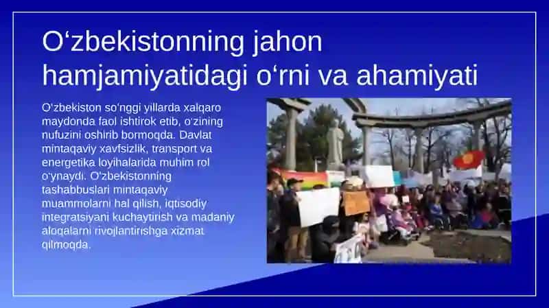 O'zbekiston Respublikasi tashqi siyosatining muhim yo'nalishlari. O'zbekistonning jahon hamjamiyatida tutgan o'rni 4