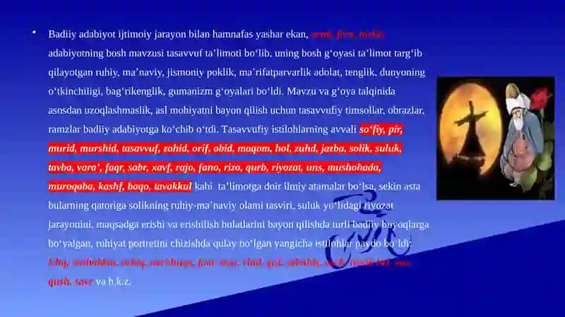 Tasavvuf adabiyoti.Uning shakllanishi,tadrijiy takomili,janrlar poetikasi,obrazlilik,ramziylik 4
