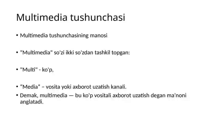 Multimedia va uning zamonaviy taminoti. Multimediadan axborot ta’minotida foydalanish. Multimediadan dasturlashda foydalanish. 4