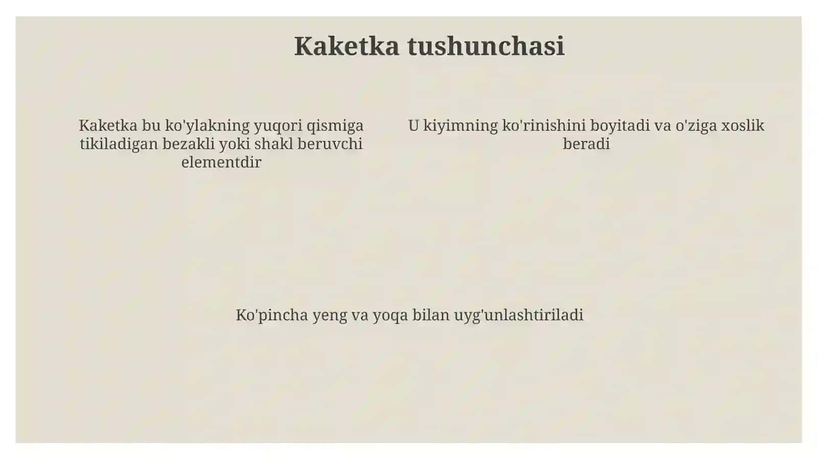 Ayollar milliy ko'ylagiga turli xildagi kaketkan namunalarini tayyorlash 4