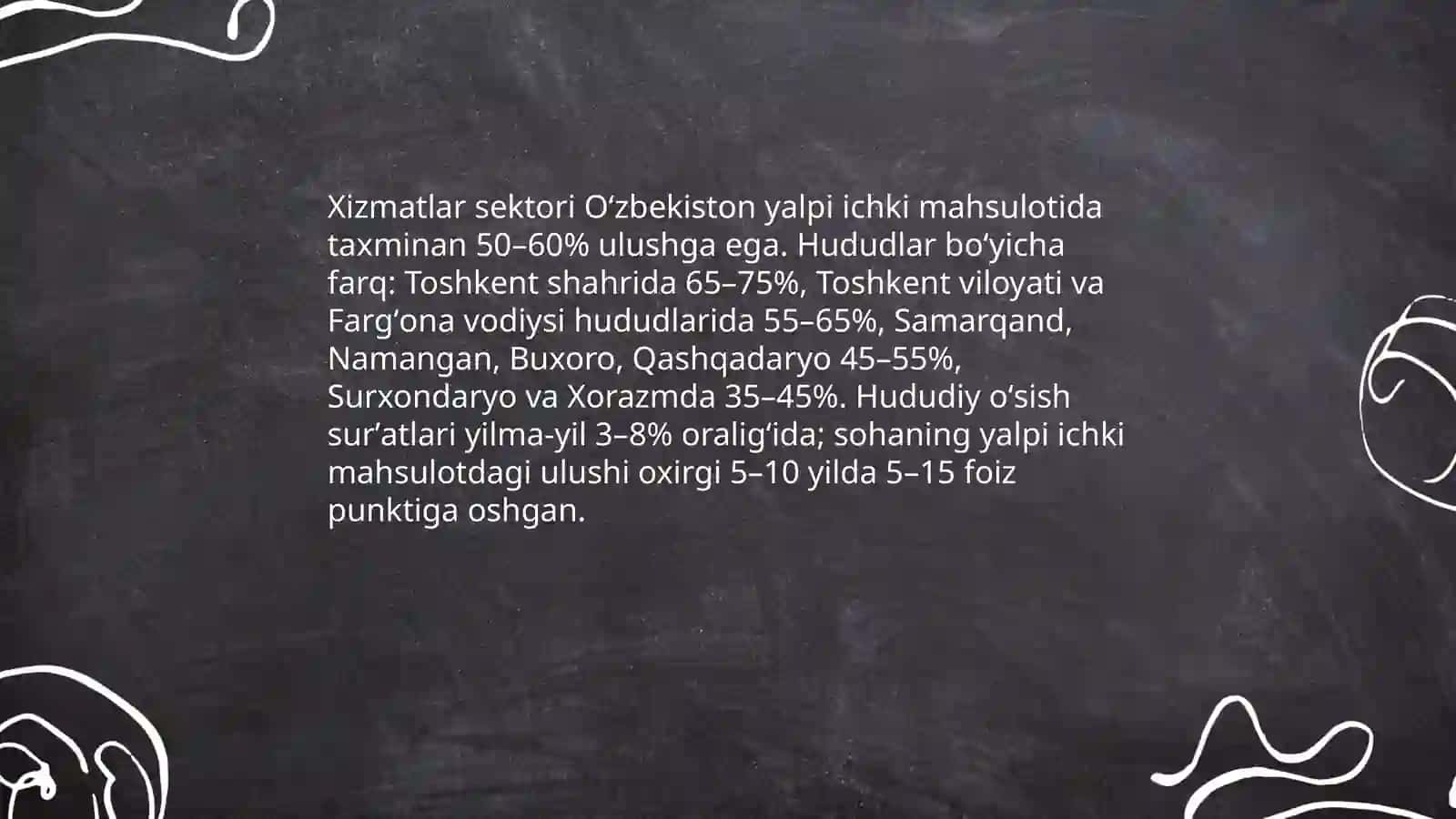 Oʻzbekistonda xizmat koʻrsatish sohasini viloyatlar boʻyicha rivojlanish dinamikasi va uning analizi 4