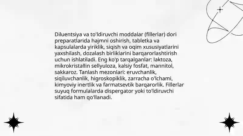 Tayyor dori vositalarini ishlab chiqarishda ishlatiladigan yordamchi moddalar 4