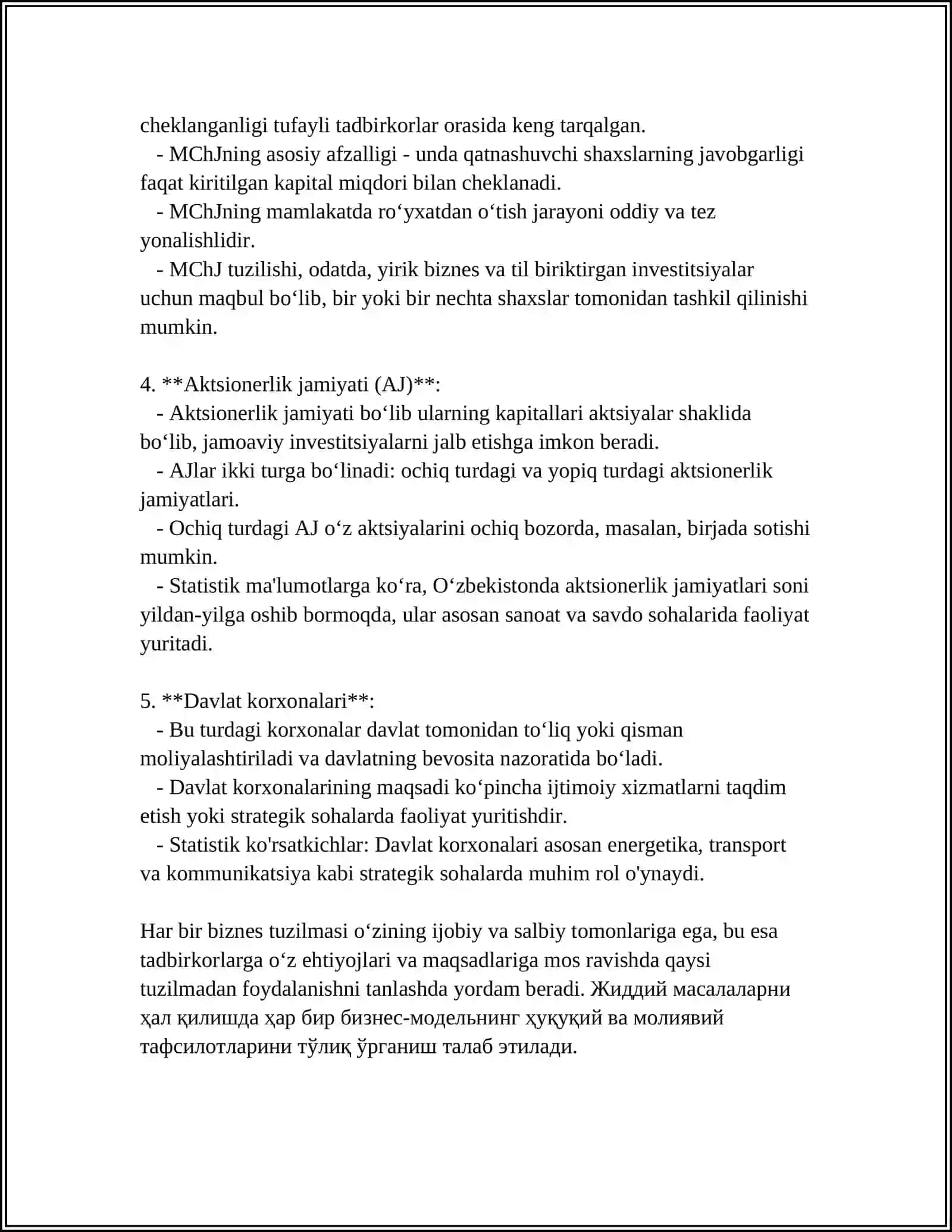 MUSTAQIL ISH Mavzu: FAOLIYAT SIFATIDA BIZNES TUZILISHINI TAHLIL QILISH 4