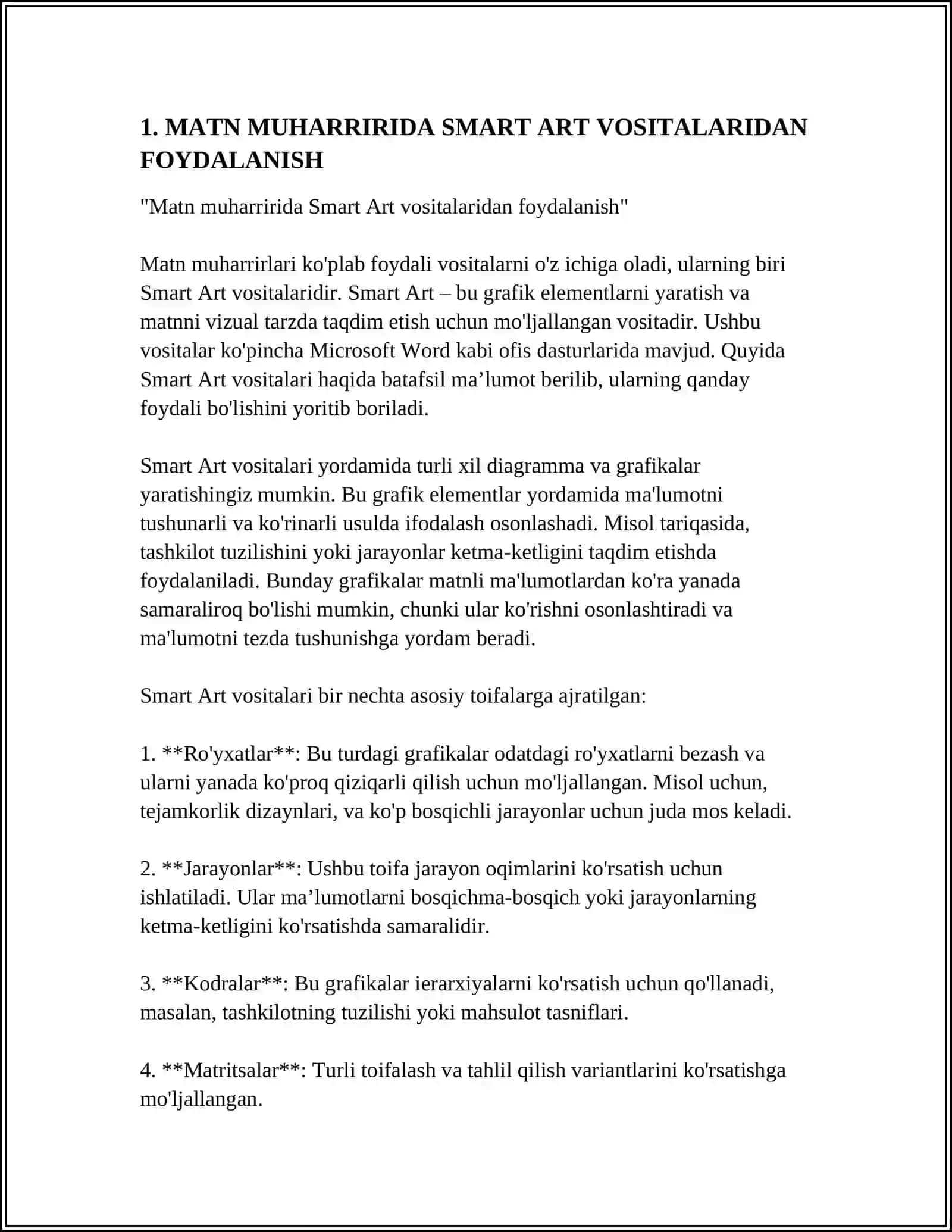 MATN MUHARRIRIDA SMART ART, WORD ART, JADVALLAR GIPERBOGʻLANISH VA MAKROSLAR BILAN ISHLASH MAVZUSIDA 4