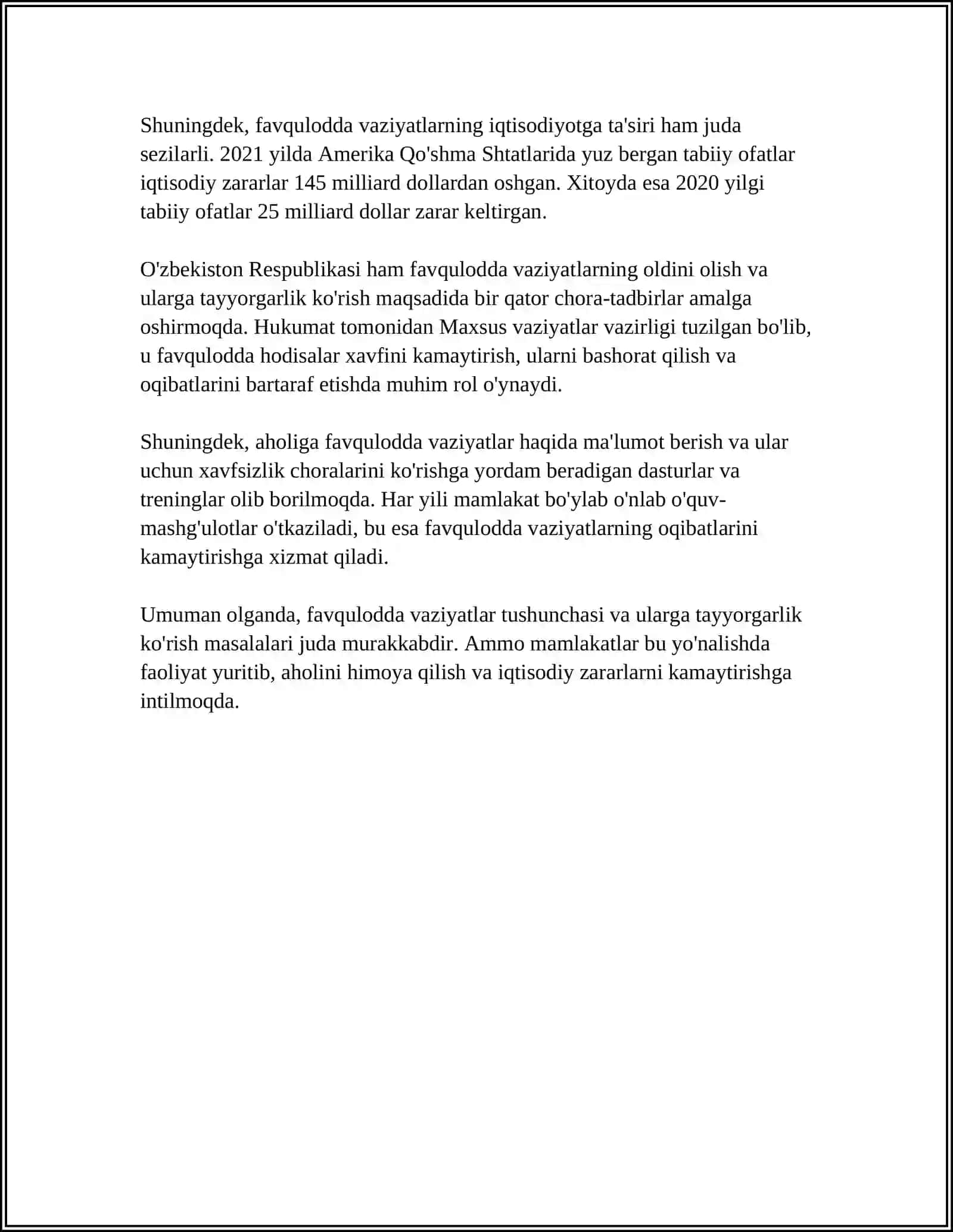 O'ZBEKISTON RESPUBLIKASI FAVQULODDA VAZIYATLARNI OLDINI OLISH VA HARAKAT QILISH DAVLAT TIZIMI TO‘G‘RISIDA NOZOM 4