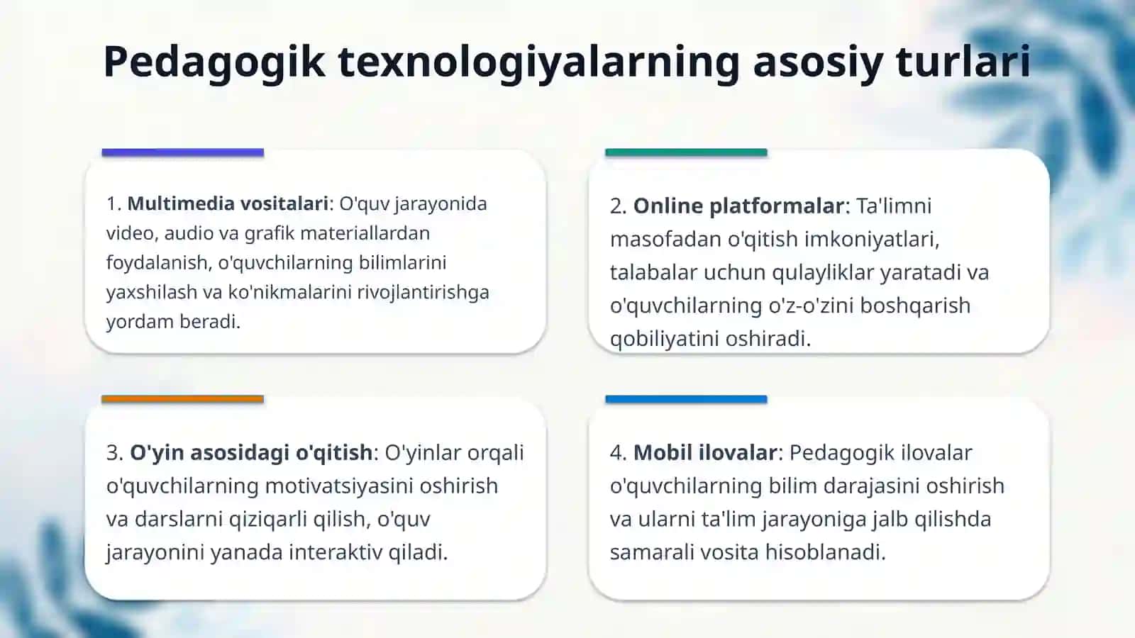 Pedagogik texnologiyaga oid fikr taraqqitotini tizimlashtirish. 4