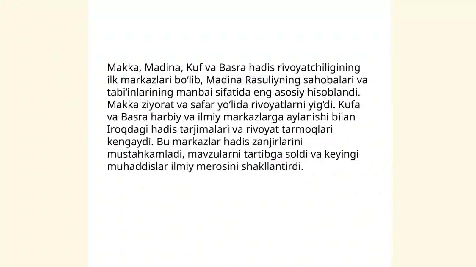 Hadis ilmining paydo bo'lishi. Muhaddislar (Imom Ismoil al-Buxoriy, Imom Iso at-Termiziy va boshqalarning hadis ilmiy rivojiga qo'shgan hissasi 4