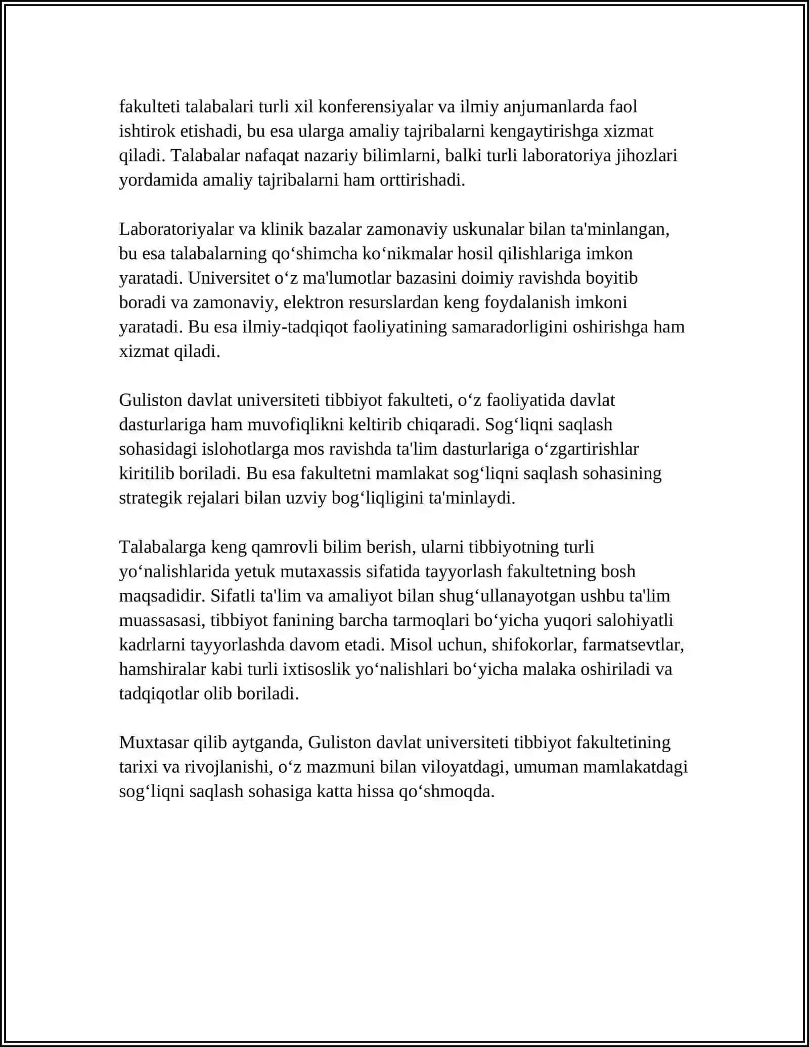 Guliston Davlat Universiteti Tibbiyot Fakulteti - O'quvchi: TO'XTAMURODA BEGOYIM, 1-KURS, 131-GURUH 4