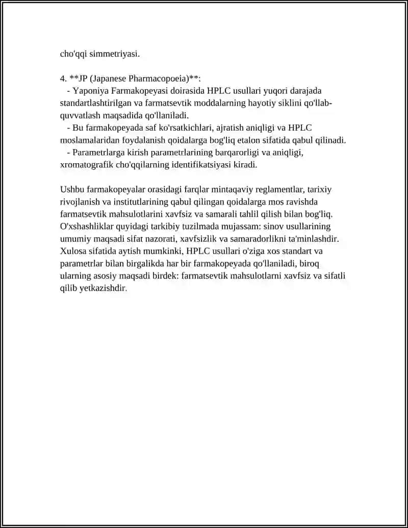RIVOJLANGAN DAVLATLAR FARMOKOPEYALARIDA KELTIRILGAN TAHLIL USULLARINI QIYOSLASH 4