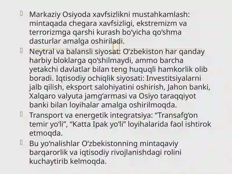 O‘zbekiston Respublikasining tashqi siyosatining muhim yo‘nalishlari. O‘zbekistonning jahon hamjamiyatida tutgan o‘rni. Tolerantlik tushunchasining mazmun-mohiyati va mamlakat taraqqiyotidagi ahamiyati 4