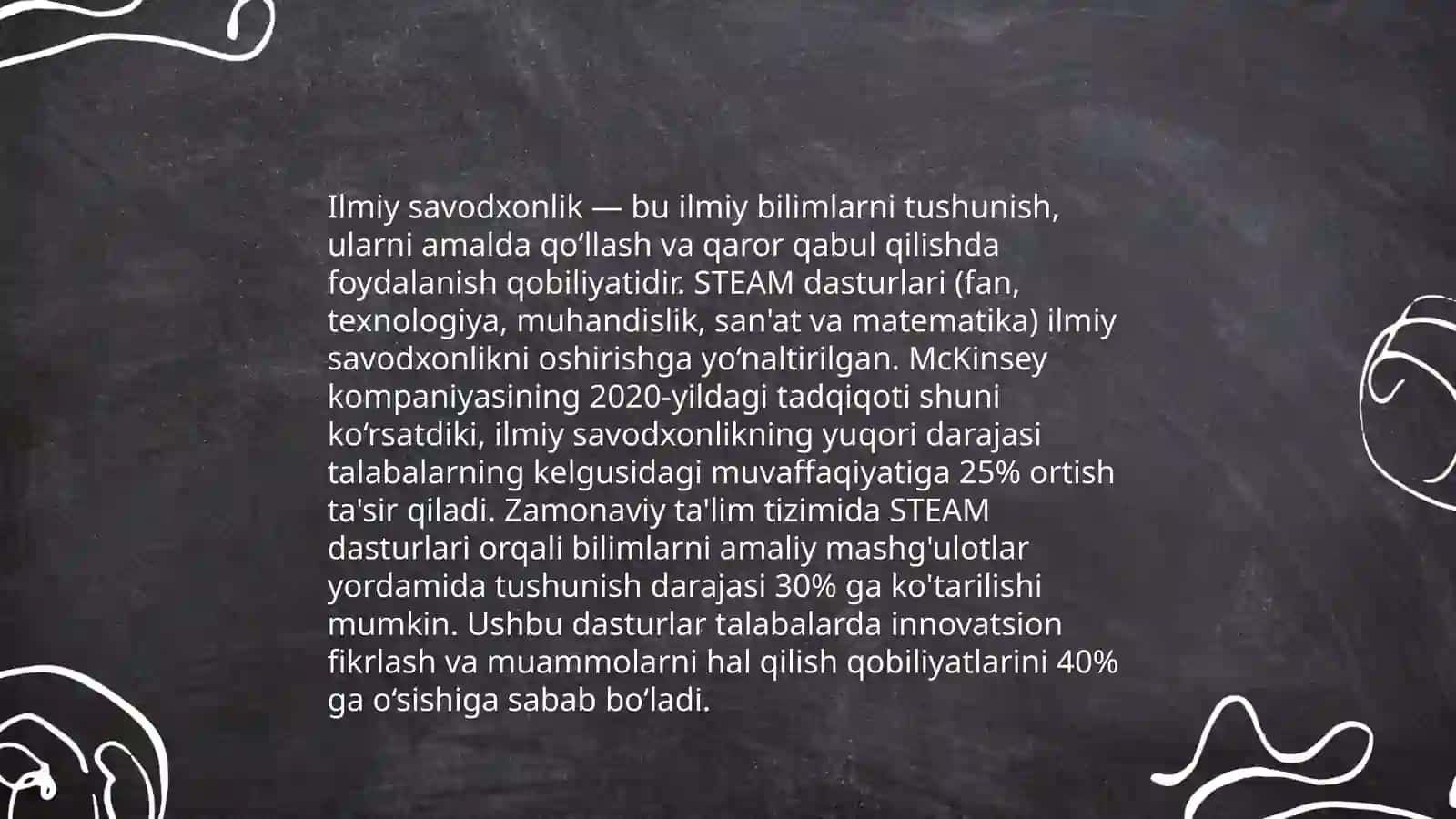 STEAM tadqiqotida o'qish va tabiiy savodxonlikni baholash bo'yicha topshiriqlar ishlab chiqish 4