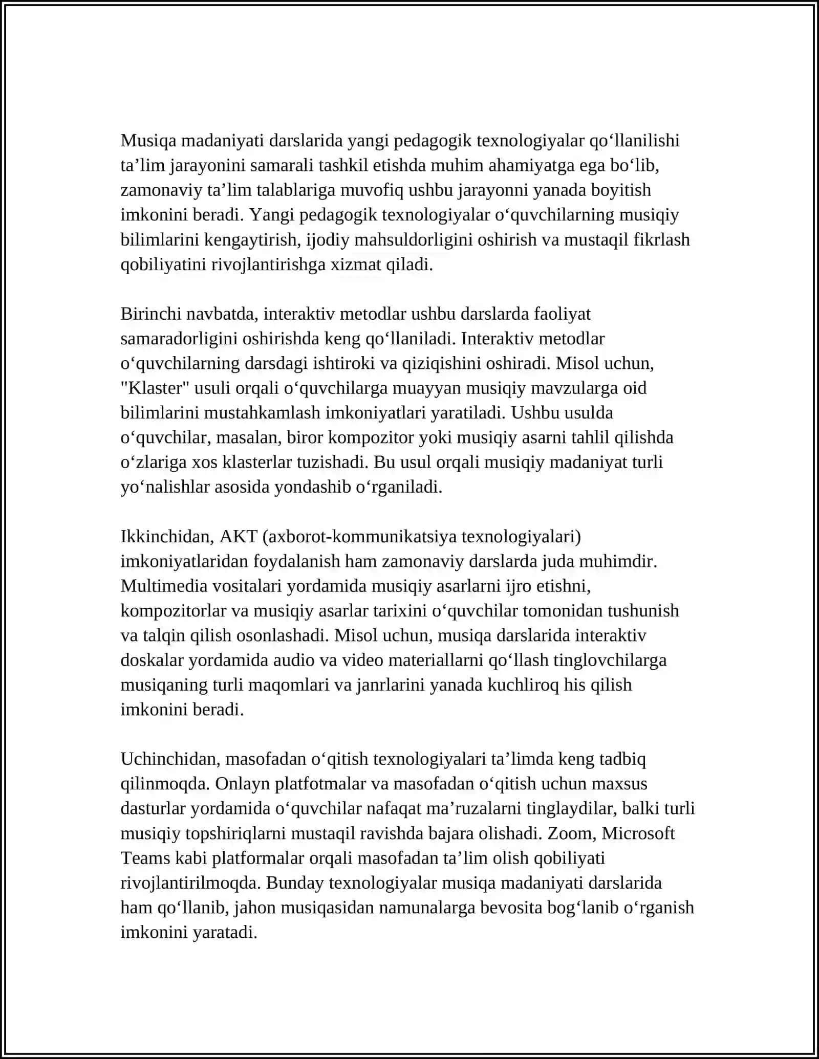 UMUM TAʼLIM MAKTABLARI MUSIQA MADANIYATI DARSLARI ZAMON TALABLARI ASOSIDA TASHKIL ETISH TEXNOLOGIYALARI MAVZUSIDA LOYIHA TAYORLASH 4
