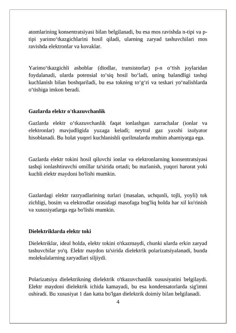 Elektr tokining turli muxitdagi tabiati. Dielektriklar. Elektrolitlar. Elektr o'tkazuvchanlik 4