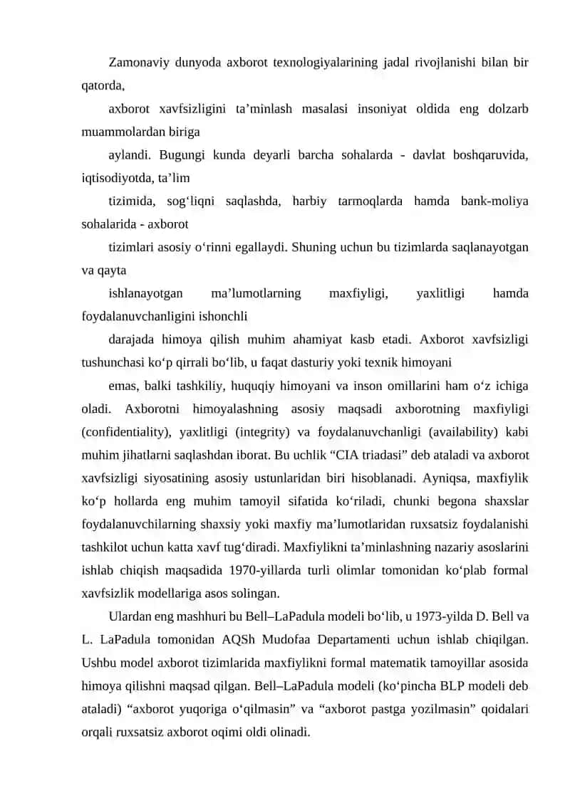 RBAC YORDAMIDA BELL-LAPADULA XAVFSIZLIK SIYOSATINI MODELLASHTIRISH 4
