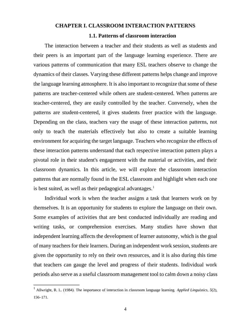 Importance of Interaction Patterns in Classroom Language Learning 4