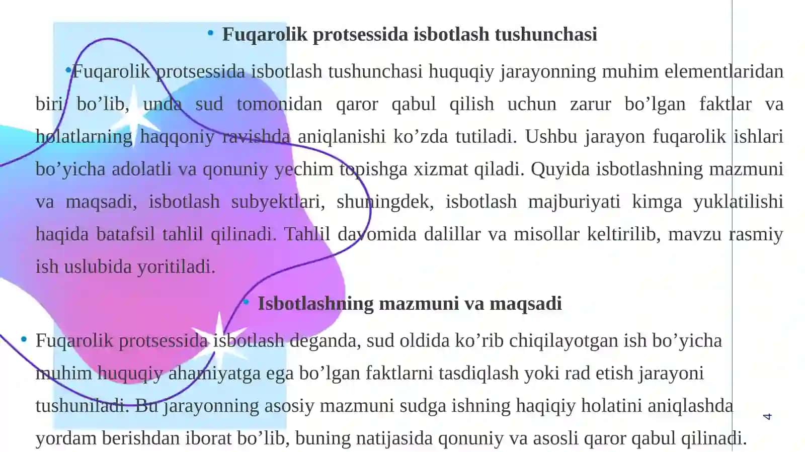 Fuqarolik protsessida isbotlash va dalillar. 4