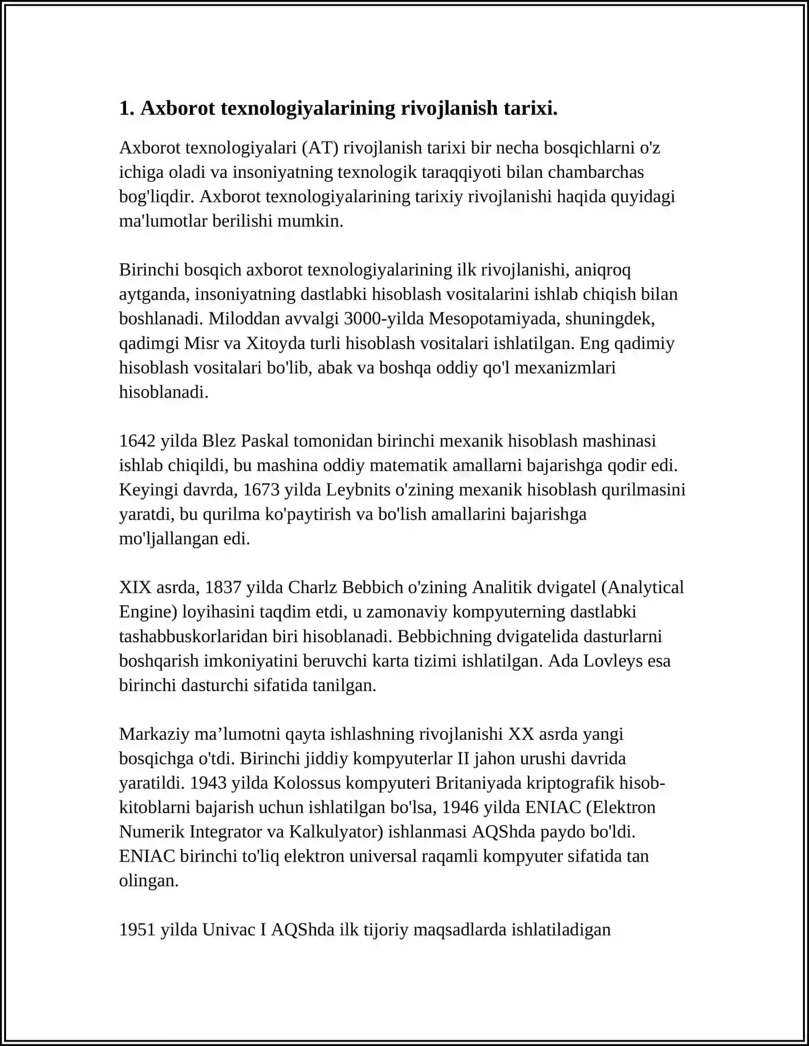 AXBOROT TEXNOLOGIYALARI TARIXI, MAQSAD VA VAZIFALARI.ZAMONAVIY MULTIMEDIA VOSITALARI ZAMONAVIY KOMPYUTERLARNING ARXITEKTURASI VA STRUKTURASI 4
